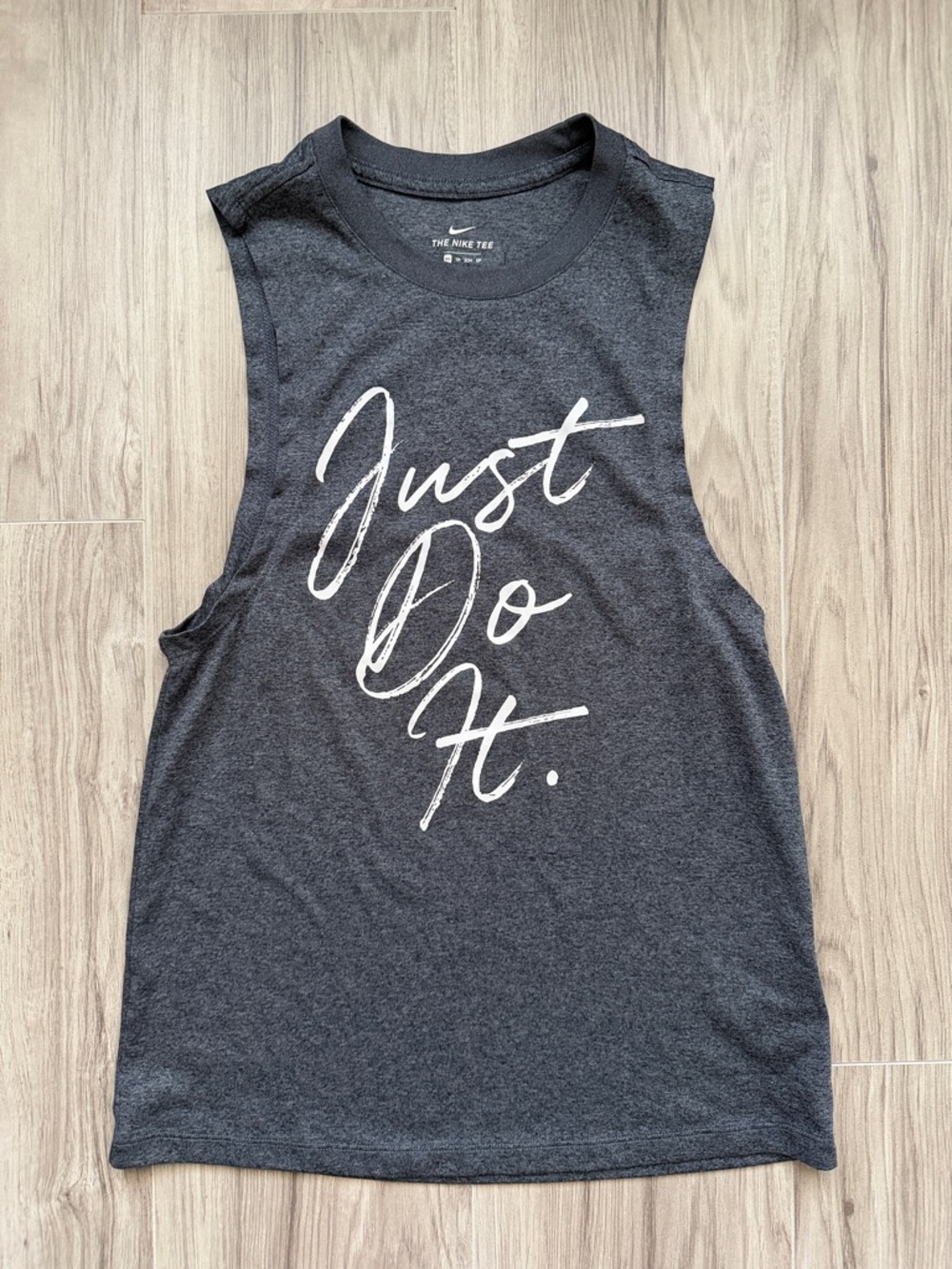 Nike Women’s Muscle Tee Charcoal Gray with White “Just Do It.”